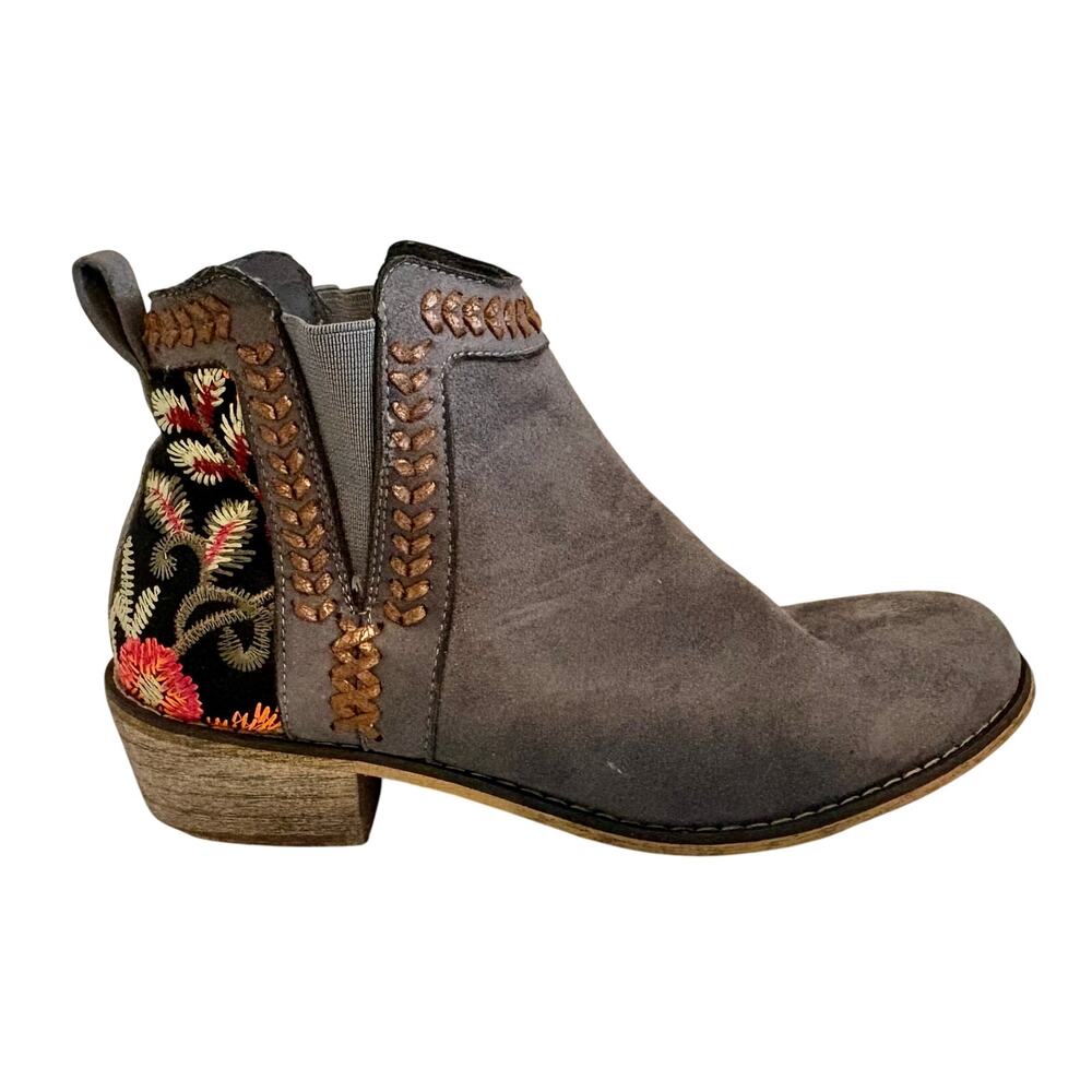 Tiara LA Embroidered Floral Grey Faux Suede Ankle Boots Western Boho Booties